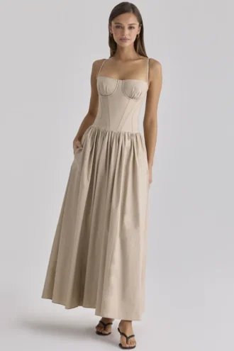 Rona Taupe Cotton Corset Maxi Dress