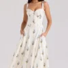 Rosalee Cream Floral Print Cotton Corset Midi Dress