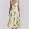 Rosalee Lemon Vintage Ribbon Print Cotton Midi Dress