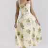 Rosalee Lemon Vintage Ribbon Print Cotton Midi Dress