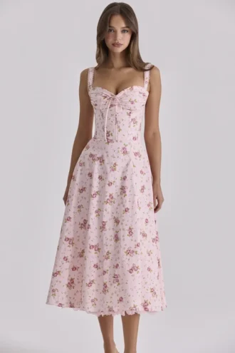 Rosalee Vintage Rose Pink Floral Print Midi Dress