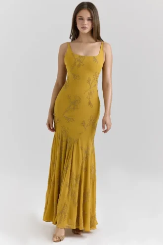 Rosalia Gold Embellished Hand Beaded Maxi Dress