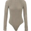 Rowena Grey Velour Sheer Striped Bodysuit