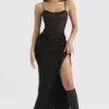 Ruby Black Satin Lace Trim Midi Skirt