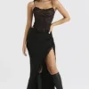 Ruby Black Satin Lace Trim Midi Skirt