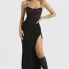 Ruby Black Satin Lace Trim Midi Skirt