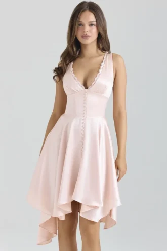Sabella Pink Satin Asymmetric Handkerchief Hem Midi Dress