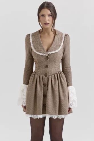 Sable Brown Puppytooth Check Mini Dress