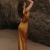 Safaira Amber Satin Draped Cowl Neck Maxi Dress