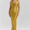 Safaira Amber Satin Draped Cowl Neck Maxi Dress