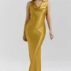 Safaira Amber Satin Draped Cowl Neck Maxi Dress