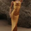Safaira Amber Satin Draped Cowl Neck Maxi Dress