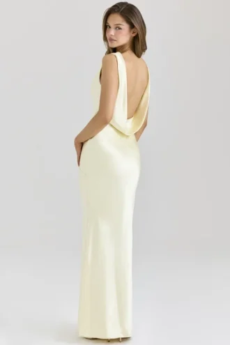 Safaira Buttermilk Satin Draped Cowl Neck Maxi Dress
