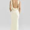 Safaira Buttermilk Satin Draped Cowl Neck Maxi Dress