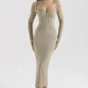 Saisha Beige Mesh Long Sleeve Bodycon Midi Dress