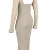 Saisha Beige Mesh Long Sleeve Bodycon Midi Dress