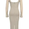 Saisha Beige Mesh Long Sleeve Bodycon Midi Dress