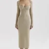 Saisha Beige Mesh Long Sleeve Bodycon Midi Dress