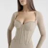 Saisha Beige Mesh Long Sleeve Bodycon Midi Dress