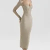 Saisha Beige Mesh Long Sleeve Bodycon Midi Dress