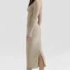 Saisha Beige Mesh Long Sleeve Bodycon Midi Dress