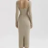 Saisha Beige Mesh Long Sleeve Bodycon Midi Dress