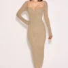 Saisha Beige Mesh Long Sleeve Bodycon Midi Dress