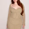 Saisha Beige Mesh Long Sleeve Bodycon Midi Dress
