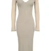 Saisha Beige Mesh Long Sleeve Bodycon Midi Dress