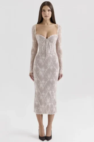 Saisha Ivory Lace Long Sleeve Midi Dress