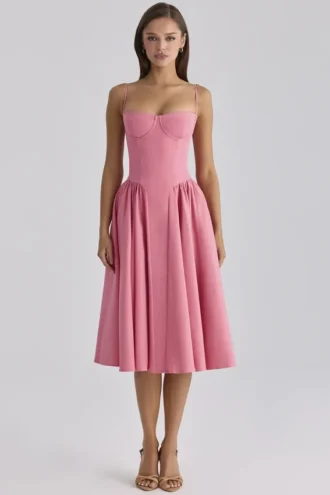 Samaria Raspberry Cotton Twill Corset Midi Dress