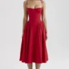 Samaria Red Gathered Midi Dress