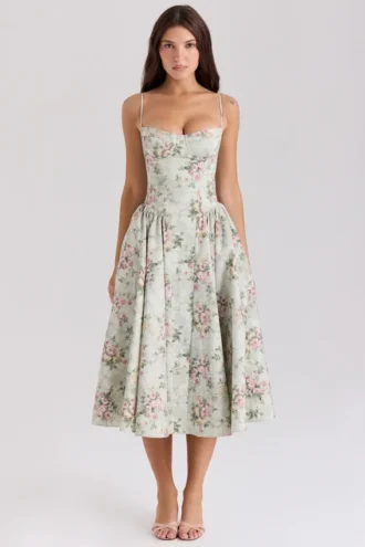 Samaria Sage Floral Print Cotton Midi Dress
