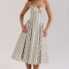 Samaria Sage Striped Floral Print Cotton Midi Dress