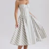 Samaria Sage Striped Floral Print Cotton Midi Dress