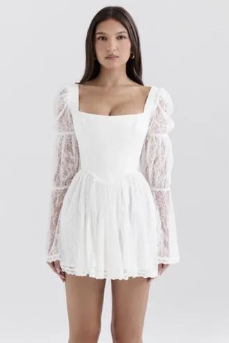 Sancia White Lace Puff Sleeve Mini Dress