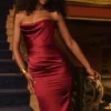 Santana Berry Satin Strapless Midi Dress