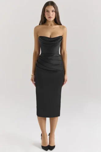 Santana Black Satin Strapless Midi Dress