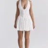 Sarita White Cotton Broderie Anglais Plunge Mini Dress