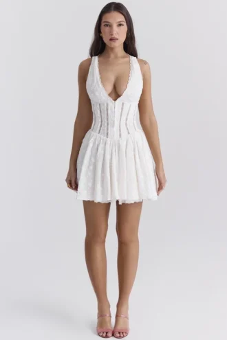 Sarita White Cotton Broderie Anglais Plunge Mini Dress