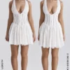 Sarita White Cotton Broderie Anglais Plunge Mini Dress