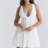 Sarita White Cotton Broderie Anglais Plunge Mini Dress