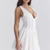 Sarita White Cotton Broderie Anglais Plunge Mini Dress