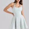Sasha Pistachio Stretch Cotton Halter Neck Mini Dress