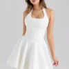 Sasha White Stretch Cotton Halter Neck Mini Dress