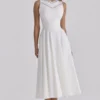 Scarlett White Cotton Lace Trim Waist Cinch Midi Dress