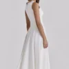 Scarlett White Cotton Lace Trim Waist Cinch Midi Dress