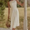 Scarlett White Cotton Lace Trim Waist Cinch Midi Dress