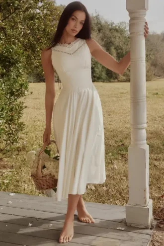 Scarlett White Cotton Lace Trim Waist Cinch Midi Dress