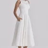 Scarlett White Cotton Lace Trim Waist Cinch Midi Dress